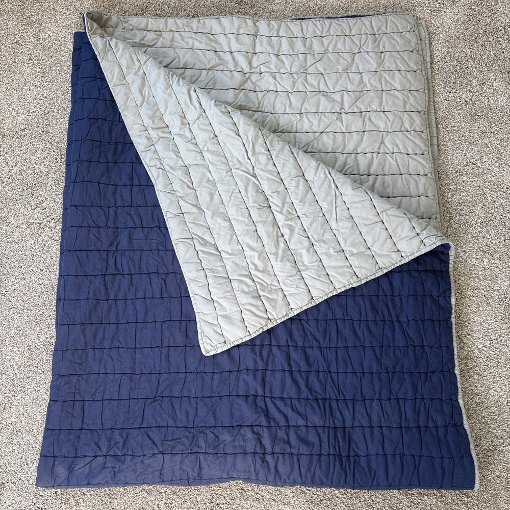 Pottery Barn Kids Quilted Comforter  Navy‎ Blue Gray Twin Reversible Read